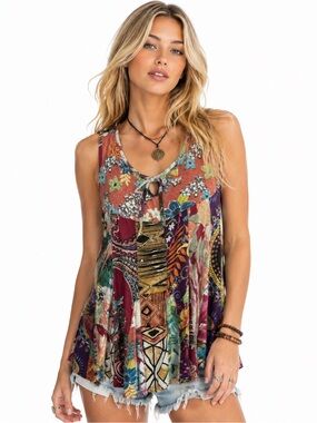 Sacred Threads Boho Patchwork Tank Top Rayon Festival Hippie Sleeveless Blouse